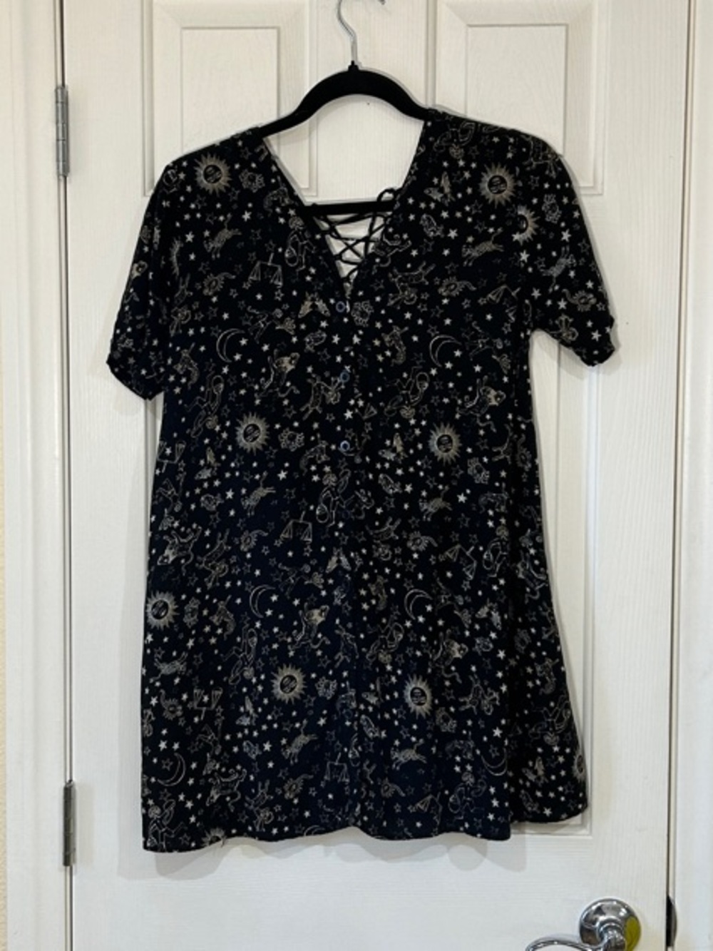 Motel Rocks Whimsigoth Black Lace-Up Mini Dress with Astrological Print XS